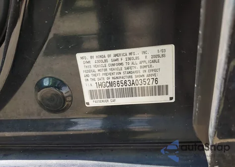 2003 Honda Accord 3.0 Ex из США, поврежденный, VIN 1HGCM66563A035276